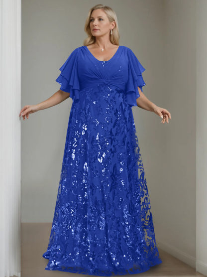 Plus Size V-Neck A-Line Princess Floor-Length Mother of the Bride Dress with Sequins and Half Sleeves