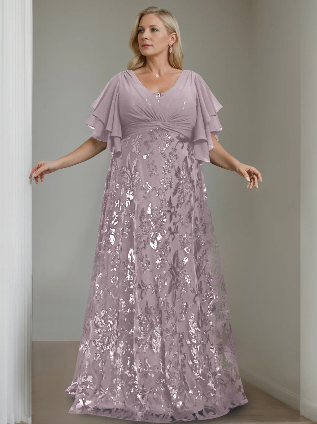 Plus Size V-Neck A-Line Princess Floor-Length Mother of the Bride Dress with Sequins and Half Sleeves