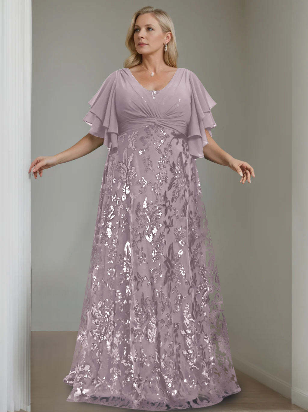 Plus Size V-Neck A-Line Princess Floor-Length Mother of the Bride Dress with Sequins and Half Sleeves