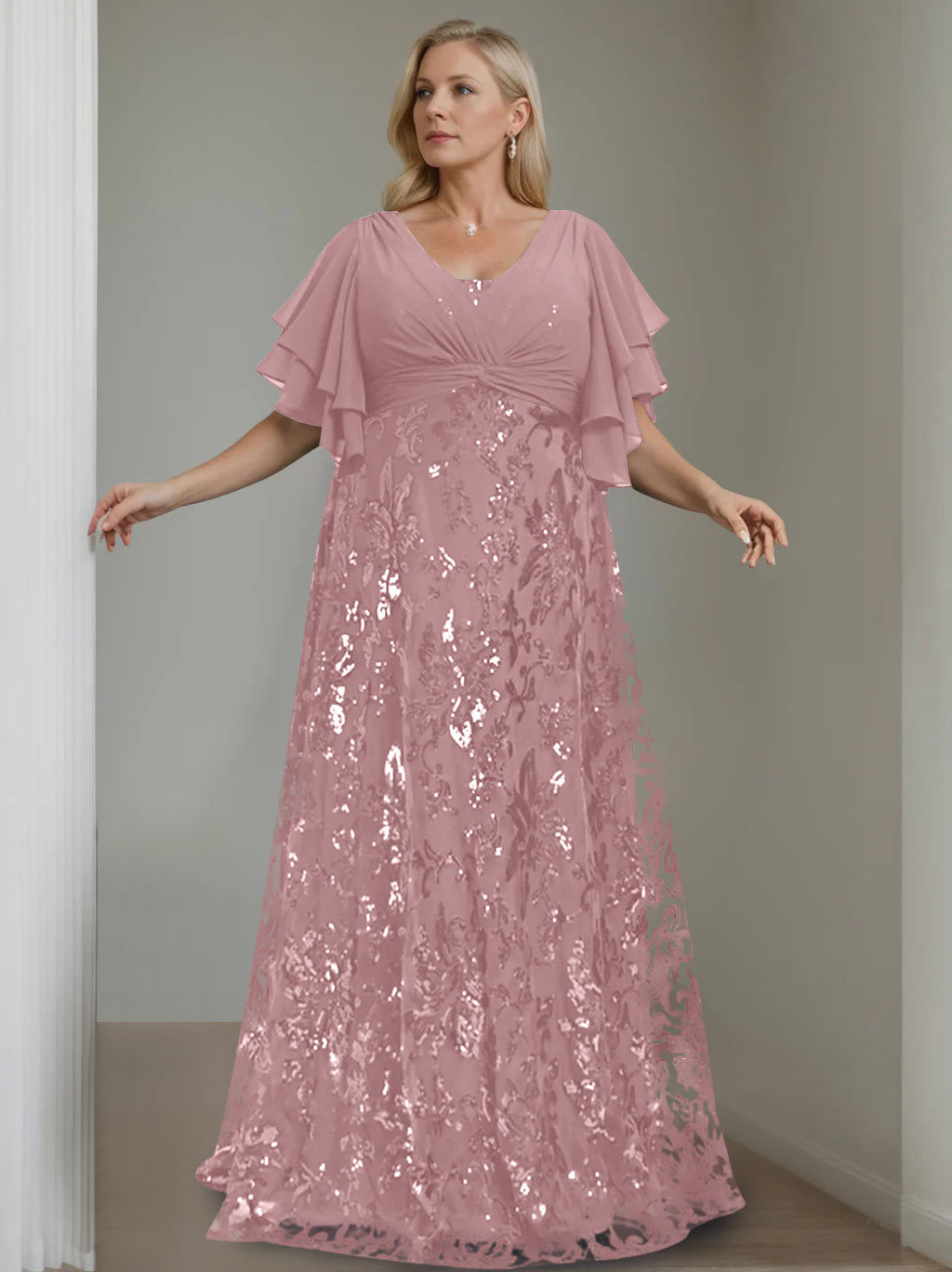 Plus Size V-Neck A-Line Princess Floor-Length Mother of the Bride Dress with Sequins and Half Sleeves