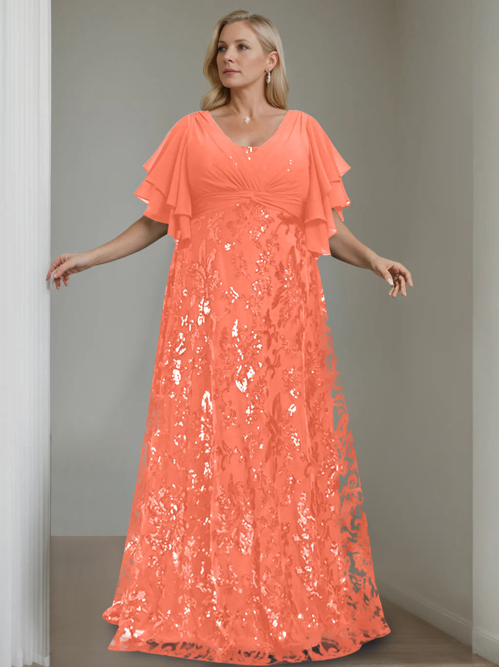 Plus Size V-Neck A-Line Princess Floor-Length Mother of the Bride Dress with Sequins and Half Sleeves