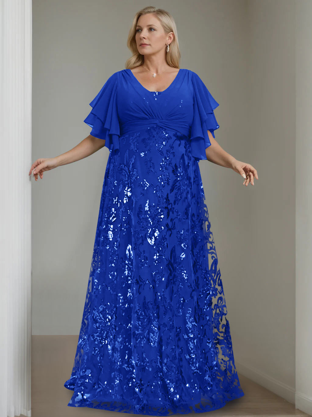 Plus Size V-Neck A-Line Princess Floor-Length Mother of the Bride Dress with Sequins and Half Sleeves
