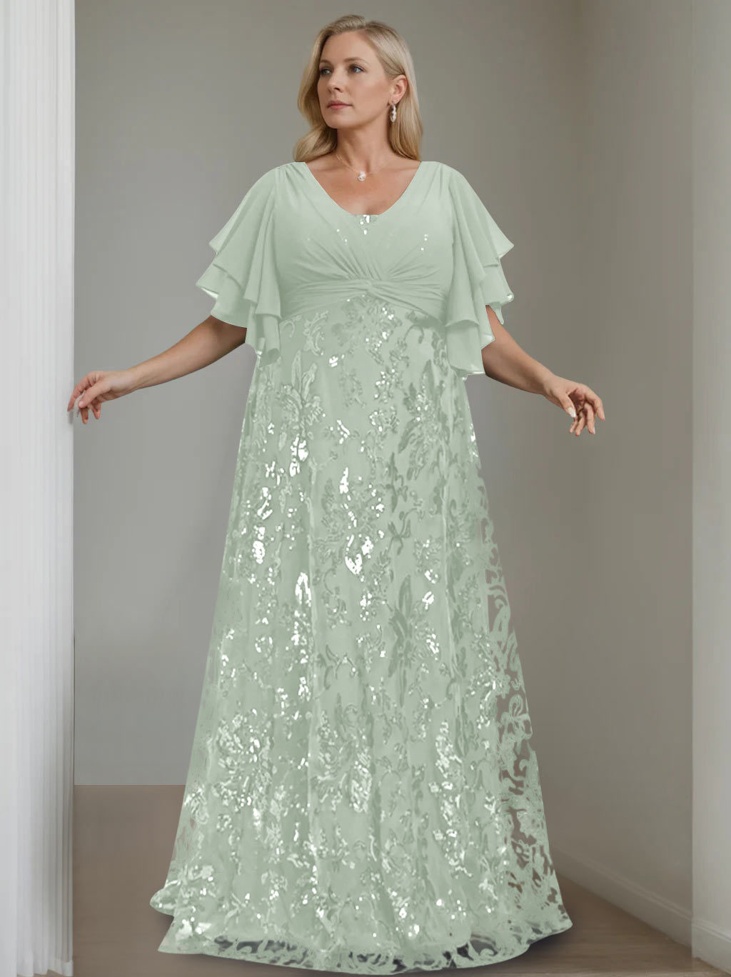 Plus Size V-Neck A-Line Princess Floor-Length Mother of the Bride Dress with Sequins and Half Sleeves
