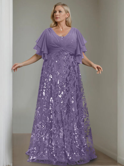 Plus Size V-Neck A-Line Princess Floor-Length Mother of the Bride Dress with Sequins and Half Sleeves