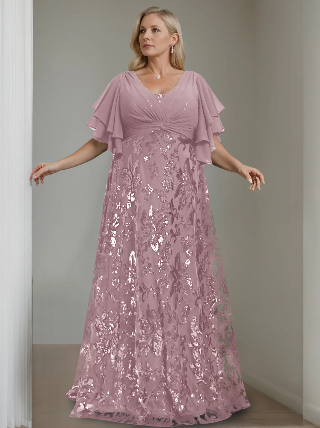 Plus Size V-Neck A-Line Princess Floor-Length Mother of the Bride Dress with Sequins and Half Sleeves