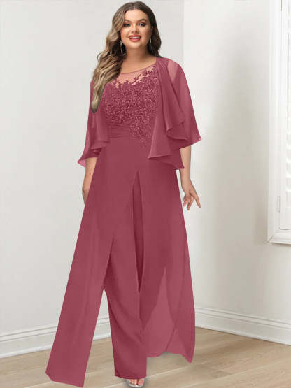 Plus Size Mother of the Bride A-Line/Princess Jumpsuit with Jacket Floor-Length Design Side Split & Appliques