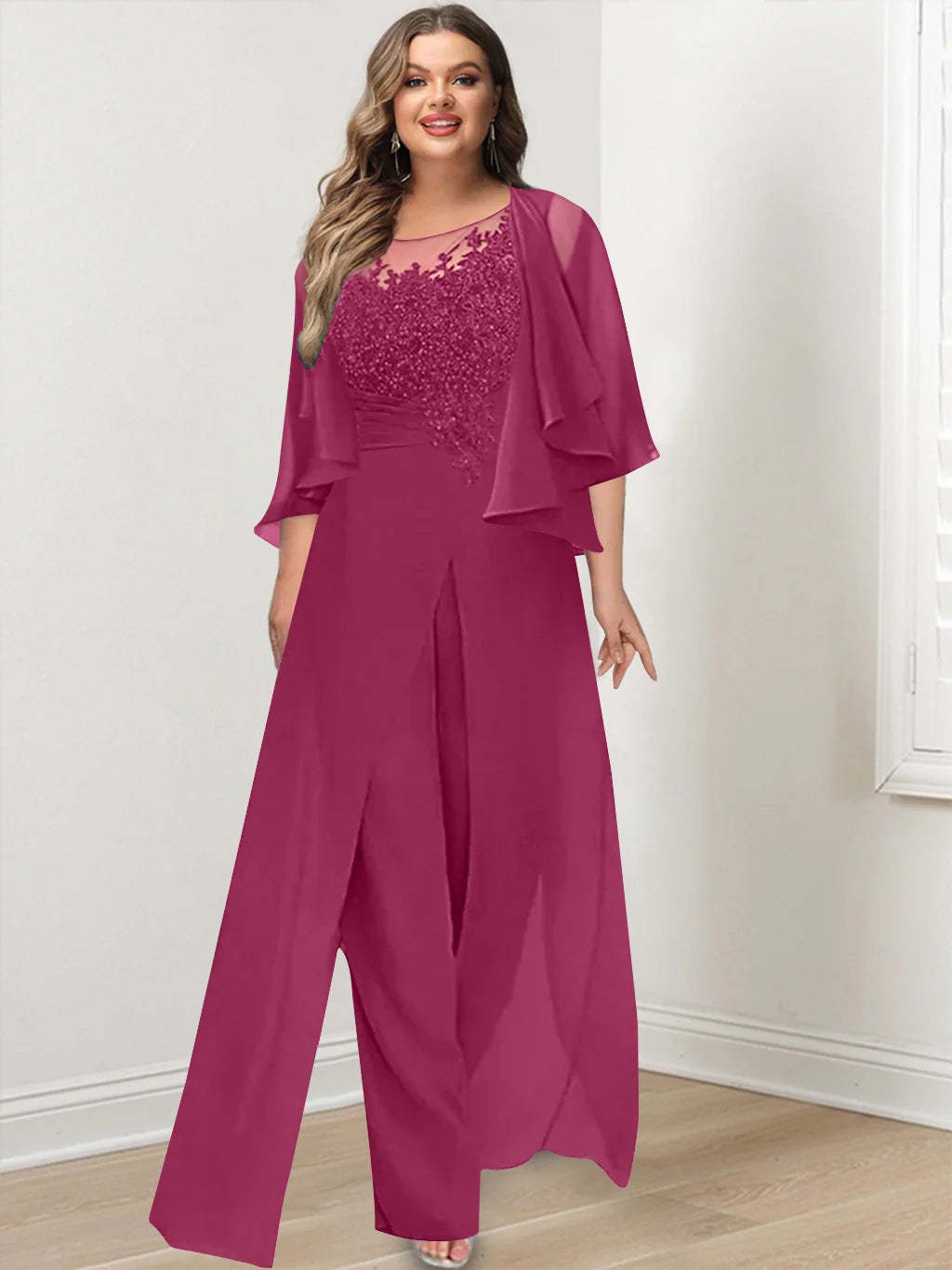Plus Size Mother of the Bride A-Line/Princess Jumpsuit with Jacket Floor-Length Design Side Split & Appliques