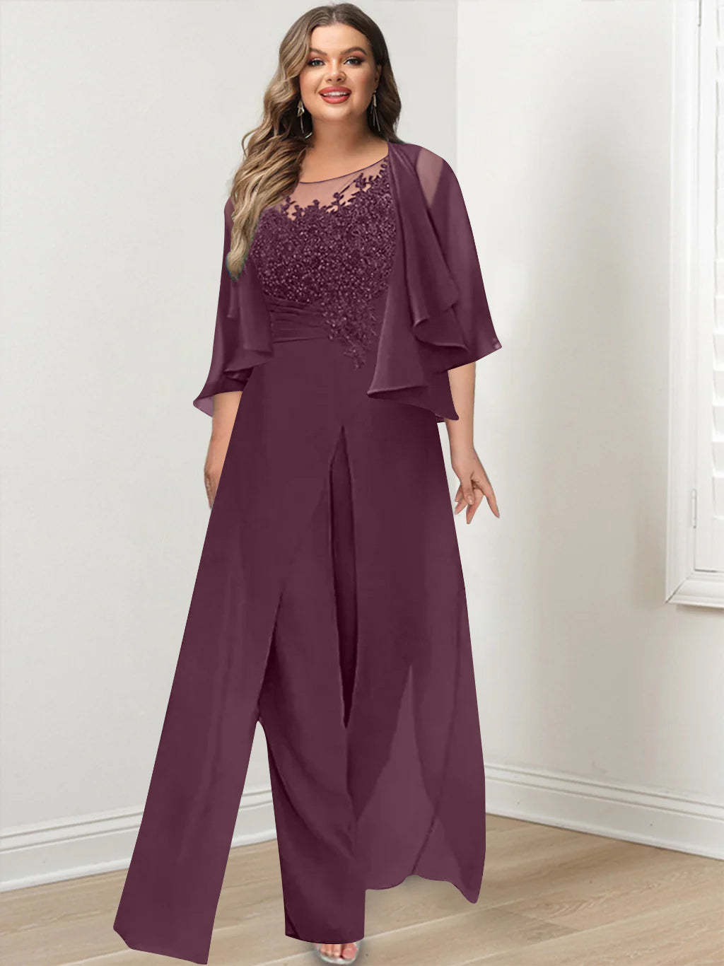 Plus Size Mother of the Bride A-Line/Princess Jumpsuit with Jacket Floor-Length Design Side Split & Appliques