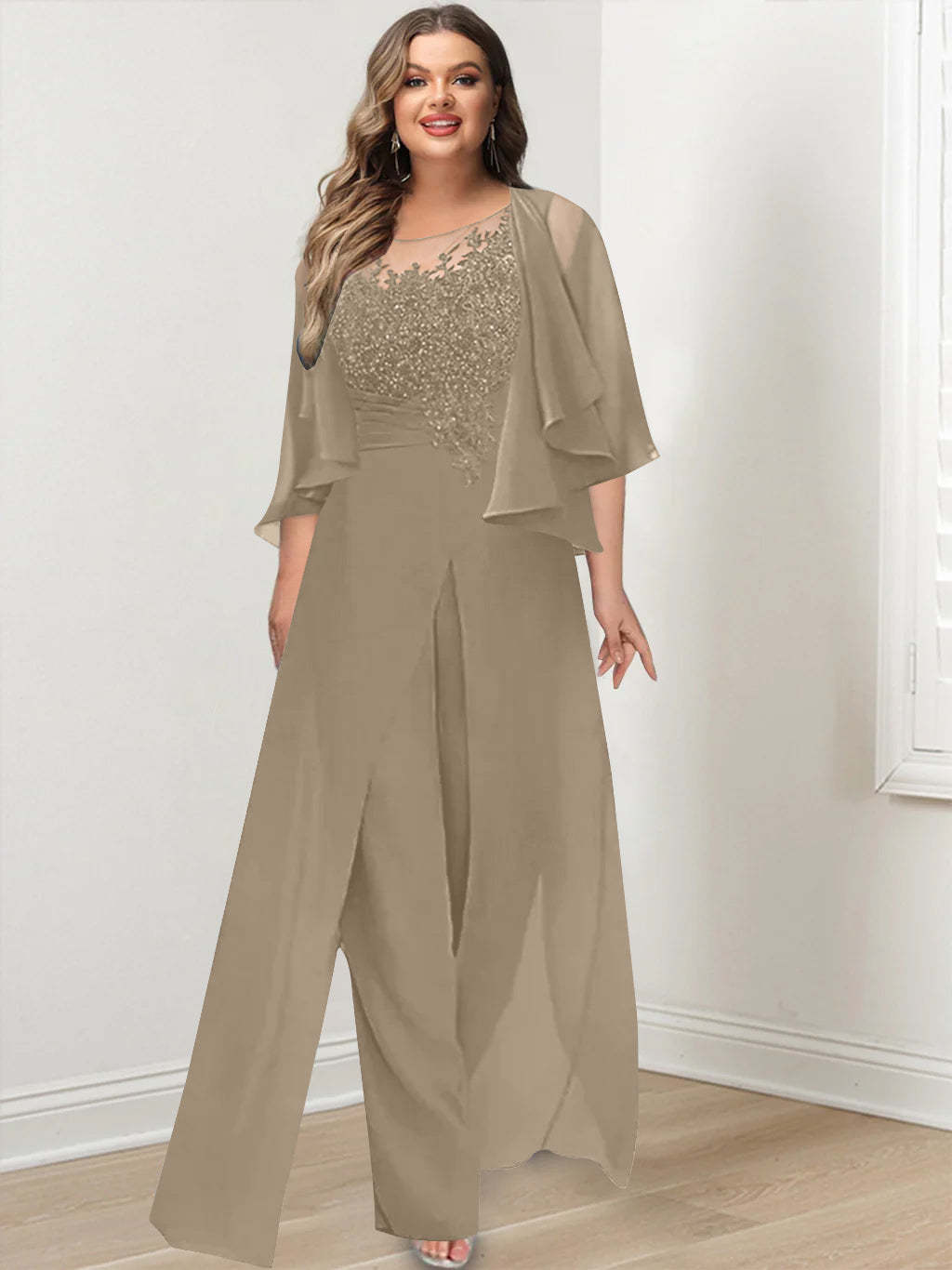 Plus Size Mother of the Bride A-Line/Princess Jumpsuit with Jacket Floor-Length Design Side Split & Appliques