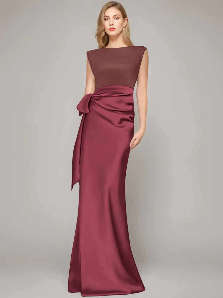 Floor-Length Sleeveless Mother of the Bride Dress with Bow and Shoulder Pad