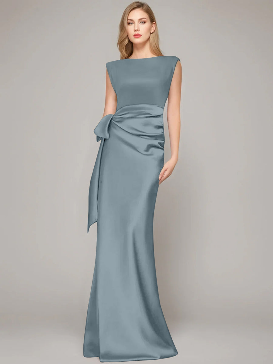 Floor-Length Sleeveless Mother of the Bride Dress with Bow and Shoulder Pad