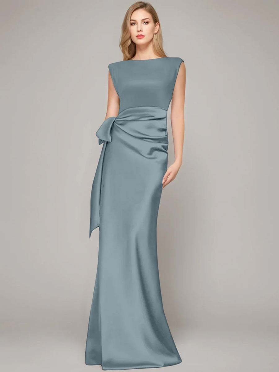 Floor-Length Sleeveless Mother of the Bride Dress with Bow and Shoulder Pad