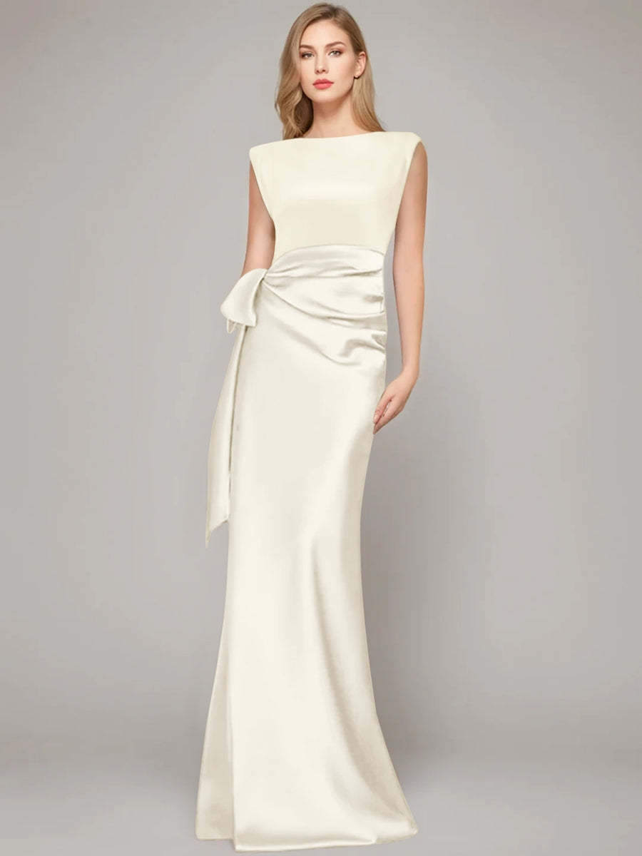 Floor-Length Sleeveless Mother of the Bride Dress with Bow and Shoulder Pad