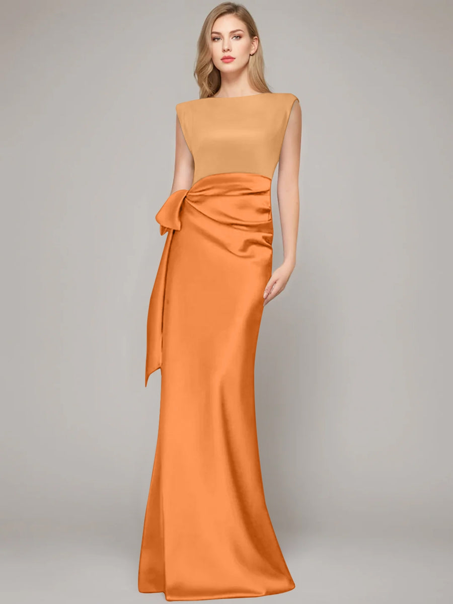 Floor-Length Sleeveless Mother of the Bride Dress with Bow and Shoulder Pad