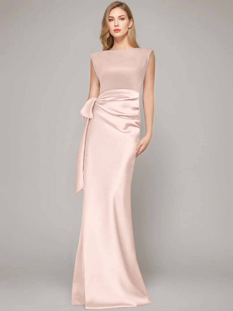 Floor-Length Sleeveless Mother of the Bride Dress with Bow and Shoulder Pad