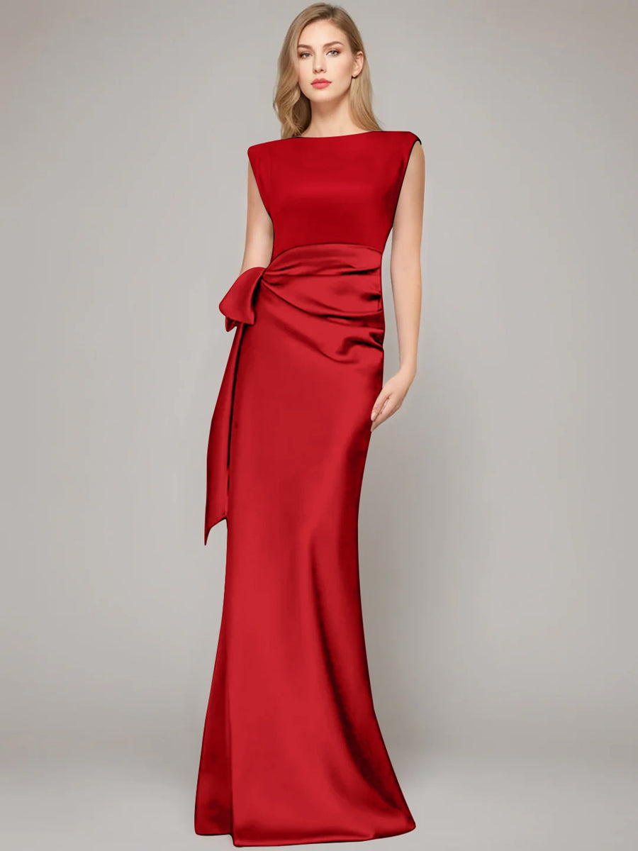 Floor-Length Sleeveless Mother of the Bride Dress with Bow and Shoulder Pad