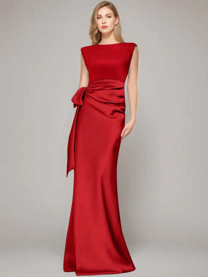Floor-Length Sleeveless Mother of the Bride Dress with Bow and Shoulder Pad