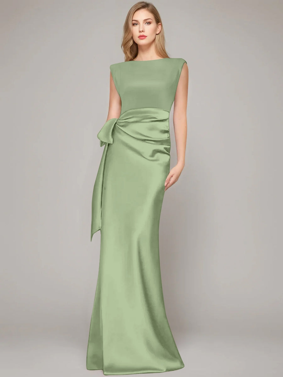 Floor-Length Sleeveless Mother of the Bride Dress with Bow and Shoulder Pad
