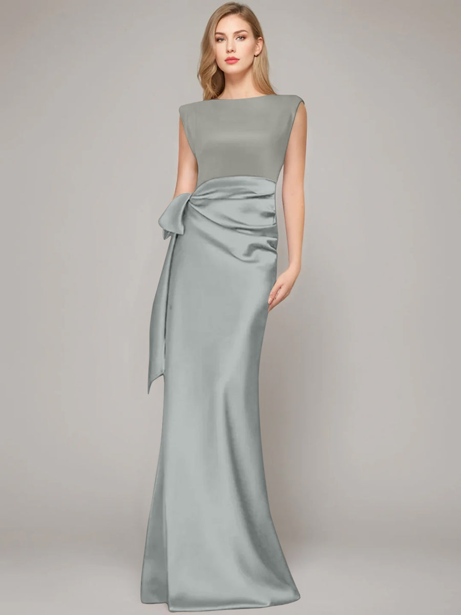 Floor-Length Sleeveless Mother of the Bride Dress with Bow and Shoulder Pad