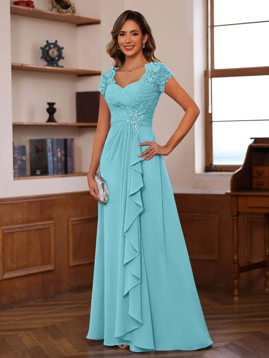V-Neck A-Line Princess Short Sleeve Dress with Pleats Ruffles & Appliques for Mother of the Bride & Groom