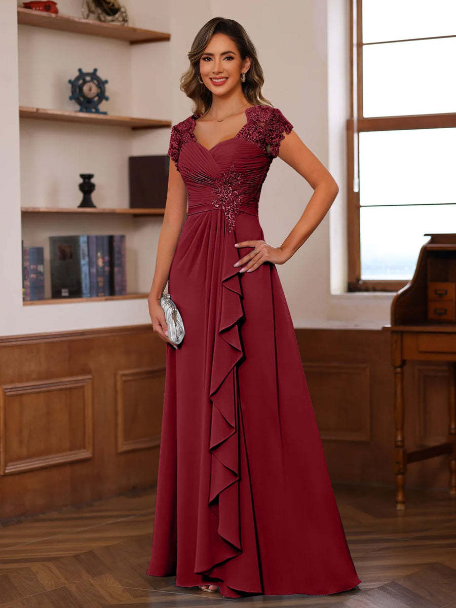 V-Neck A-Line Princess Short Sleeve Dress with Pleats Ruffles & Appliques for Mother of the Bride & Groom