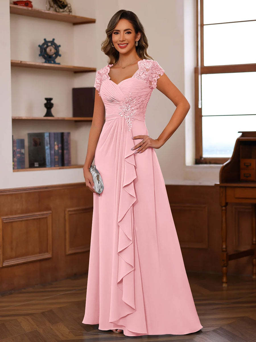 V-Neck A-Line Princess Short Sleeve Dress with Pleats Ruffles & Appliques for Mother of the Bride & Groom