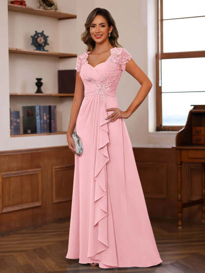 V-Neck A-Line Princess Short Sleeve Dress with Pleats Ruffles & Appliques for Mother of the Bride & Groom