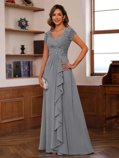 V-Neck A-Line Princess Short Sleeve Dress with Pleats Ruffles & Appliques for Mother of the Bride & Groom