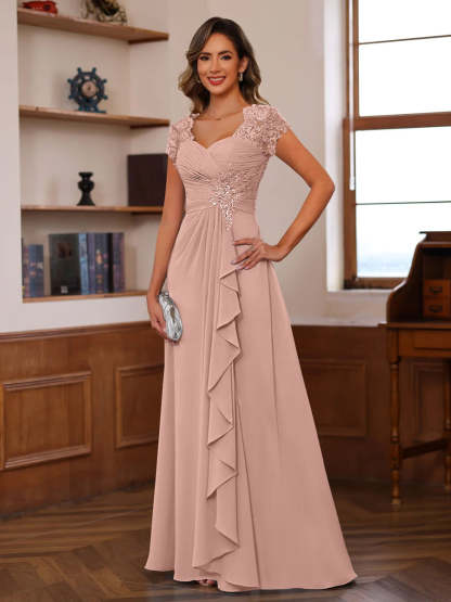 V-Neck A-Line Princess Short Sleeve Dress with Pleats Ruffles & Appliques for Mother of the Bride & Groom