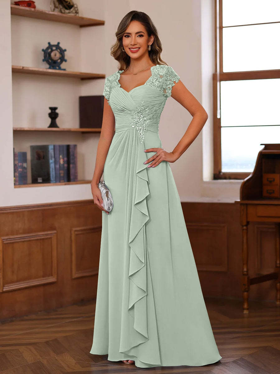V-Neck A-Line Princess Short Sleeve Dress with Pleats Ruffles & Appliques for Mother of the Bride & Groom