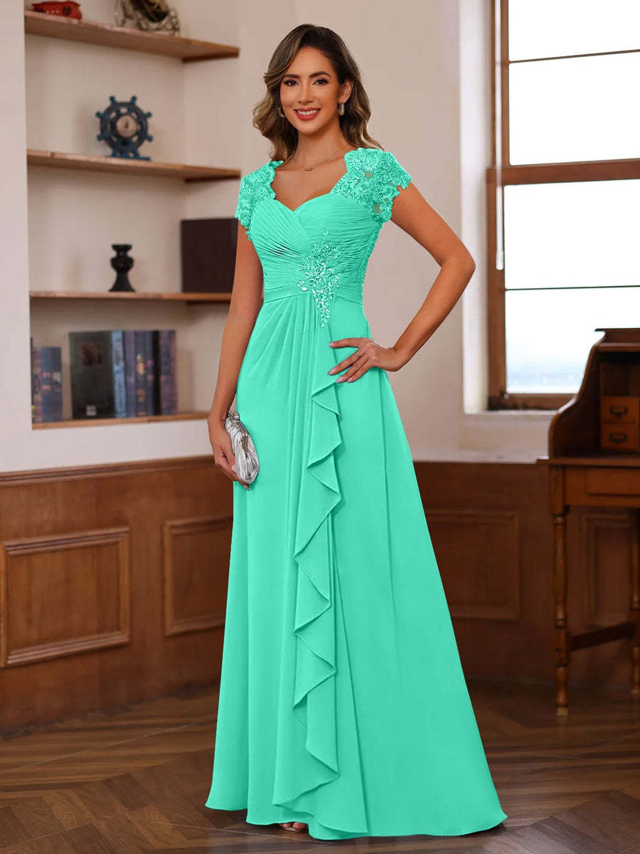 V-Neck A-Line Princess Short Sleeve Dress with Pleats Ruffles & Appliques for Mother of the Bride & Groom