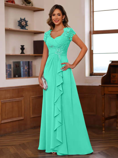 V-Neck A-Line Princess Short Sleeve Dress with Pleats Ruffles & Appliques for Mother of the Bride & Groom