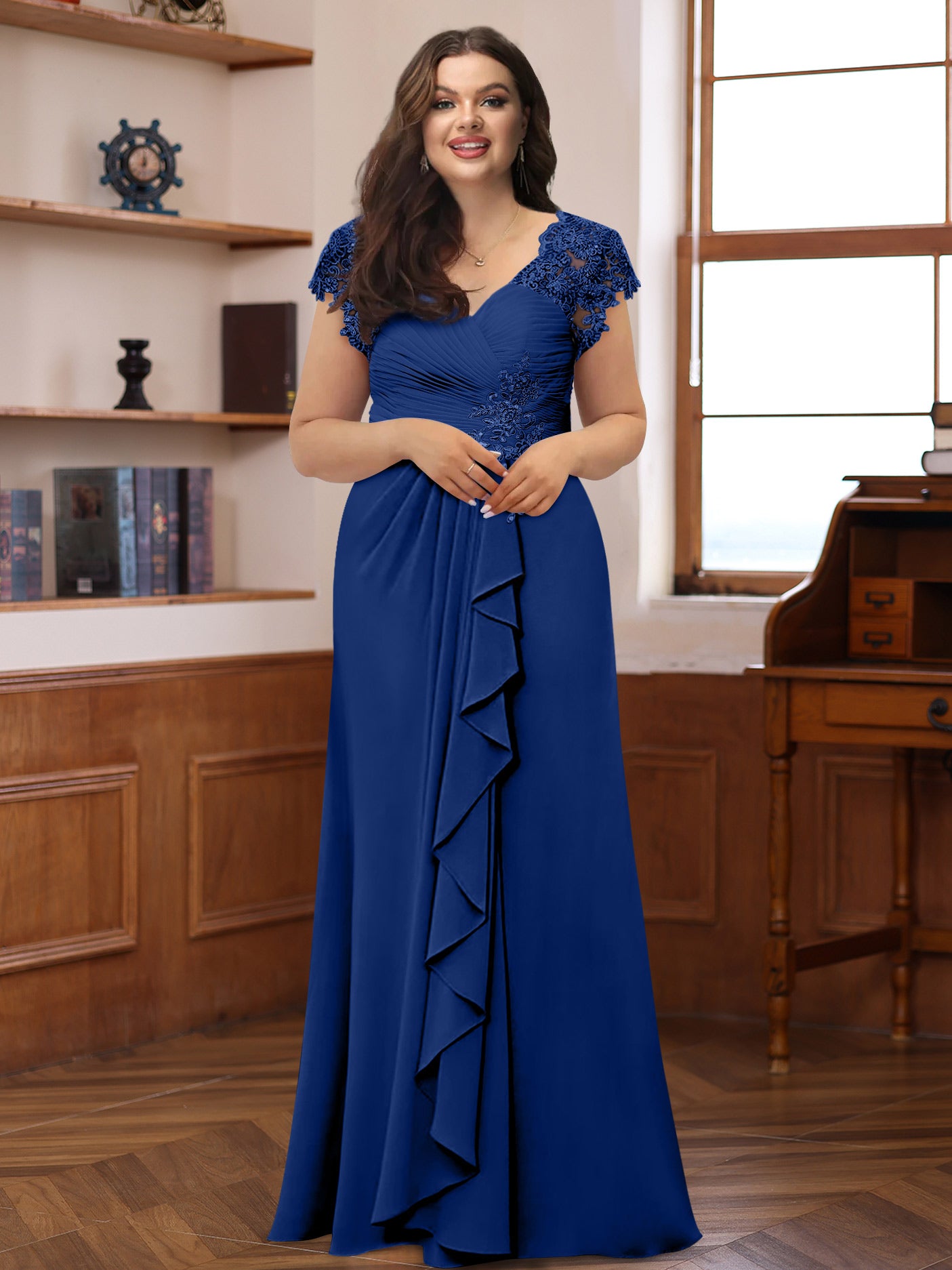 Plus Size V-Neck A-Line Princess Dress with Short Sleeves Ruffles and Appliques for Mothers of the Bride & Groom