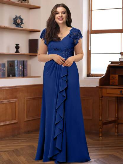 Plus Size V-Neck A-Line Princess Dress with Short Sleeves Ruffles and Appliques for Mothers of the Bride & Groom