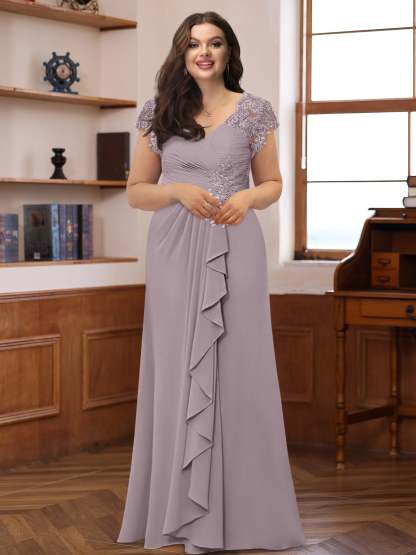 Plus Size V-Neck A-Line Princess Dress with Short Sleeves Ruffles and Appliques for Mothers of the Bride & Groom