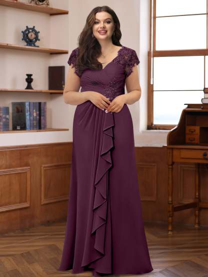 Plus Size V-Neck A-Line Princess Dress with Short Sleeves Ruffles and Appliques for Mothers of the Bride & Groom