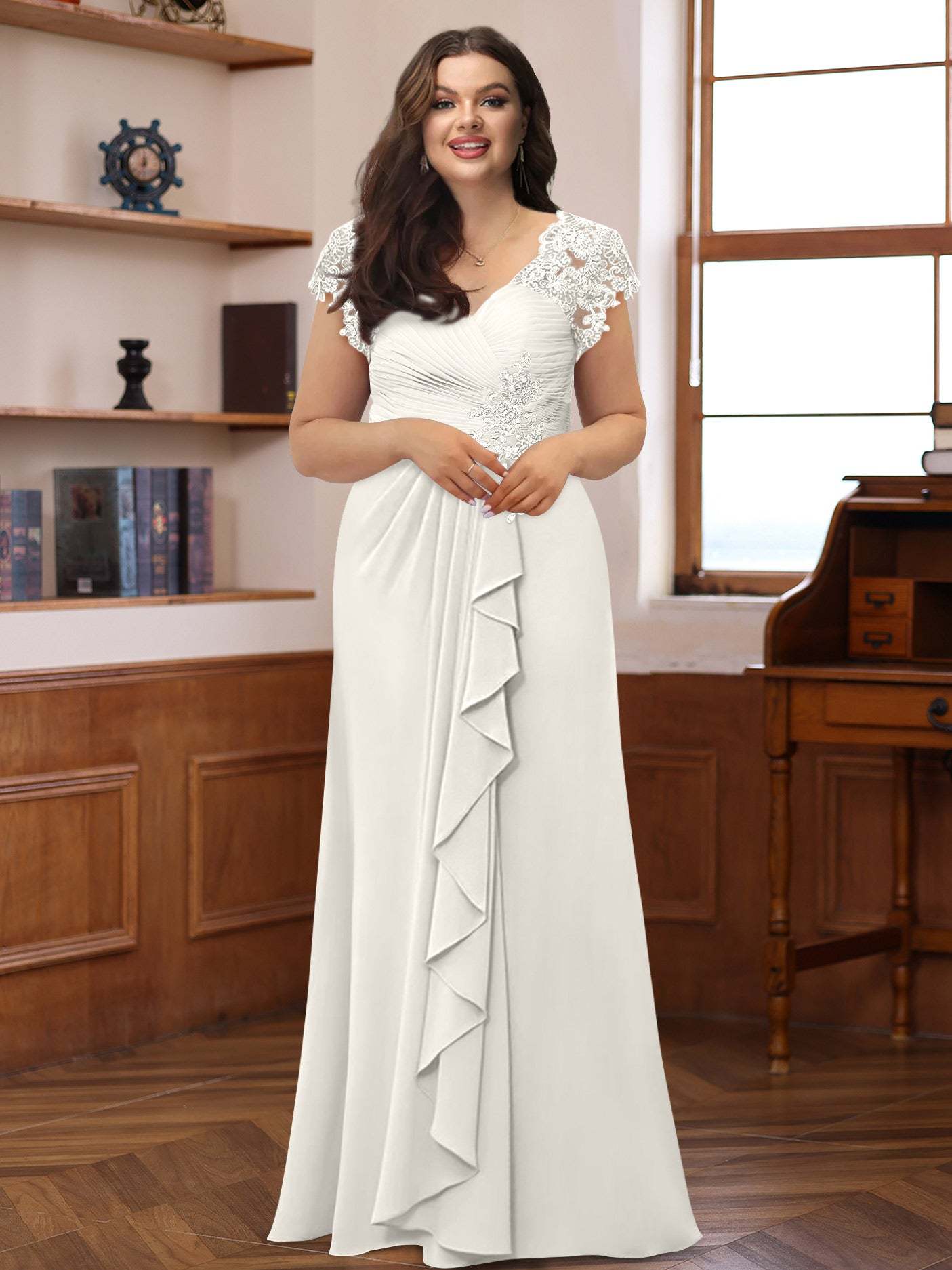 Plus Size V-Neck A-Line Princess Dress with Short Sleeves Ruffles and Appliques for Mothers of the Bride & Groom
