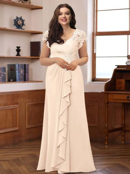 Plus Size V-Neck A-Line Princess Dress with Short Sleeves Ruffles and Appliques for Mothers of the Bride & Groom