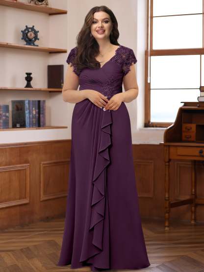 Plus Size V-Neck A-Line Princess Dress with Short Sleeves Ruffles and Appliques for Mothers of the Bride & Groom