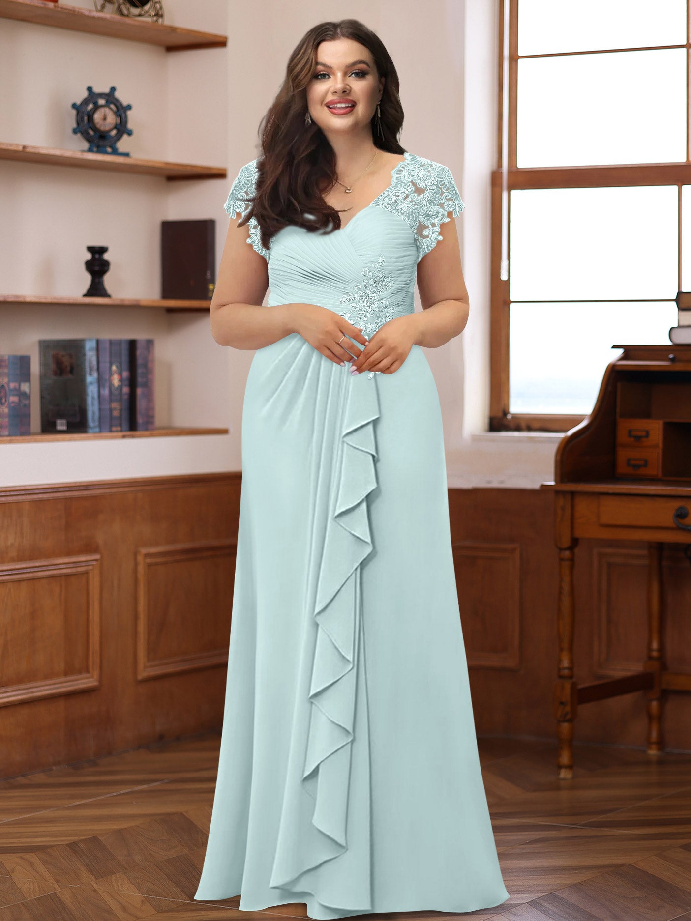 Plus Size V-Neck A-Line Princess Dress with Short Sleeves Ruffles and Appliques for Mothers of the Bride & Groom