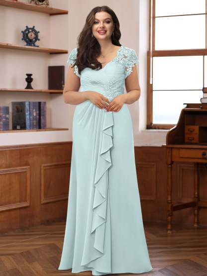 Plus Size V-Neck A-Line Princess Dress with Short Sleeves Ruffles and Appliques for Mothers of the Bride & Groom