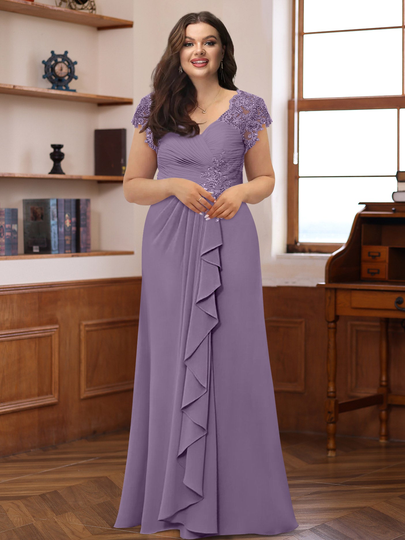 Plus Size V-Neck A-Line Princess Dress with Short Sleeves Ruffles and Appliques for Mothers of the Bride & Groom