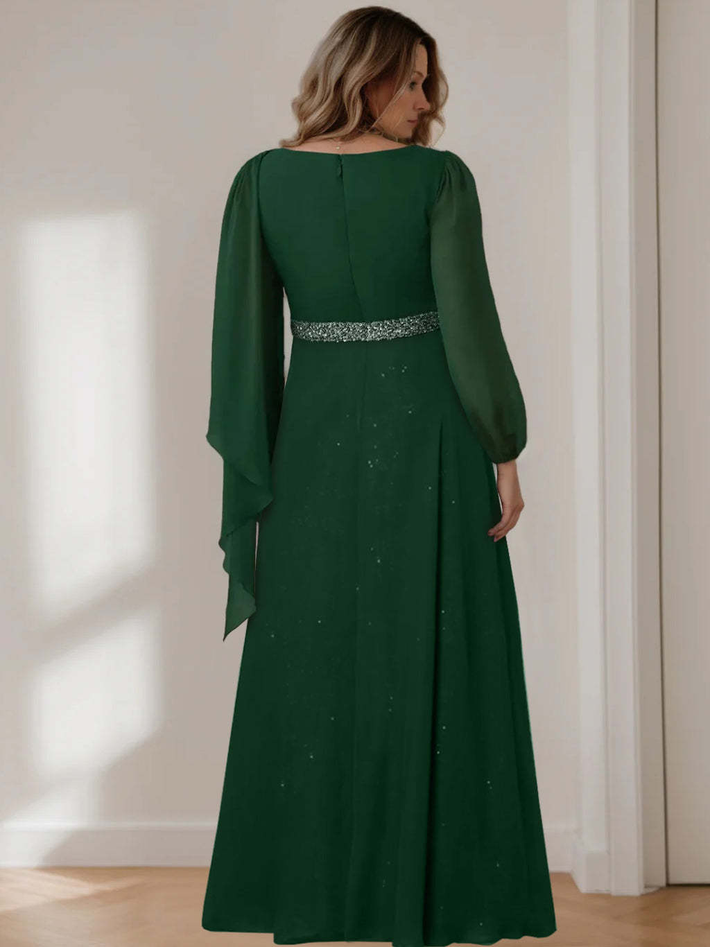 Princess A-Line Floor-Length Plus Size Mother of the Bride Gown with Scoop Neck and Long Sequined Sleeves