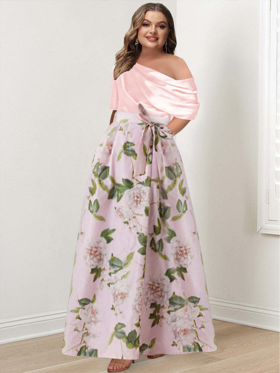 Plus Size Printed Flower Mother of the Bride A-Line/Princess Dress with One-Shoulder Bow Belt