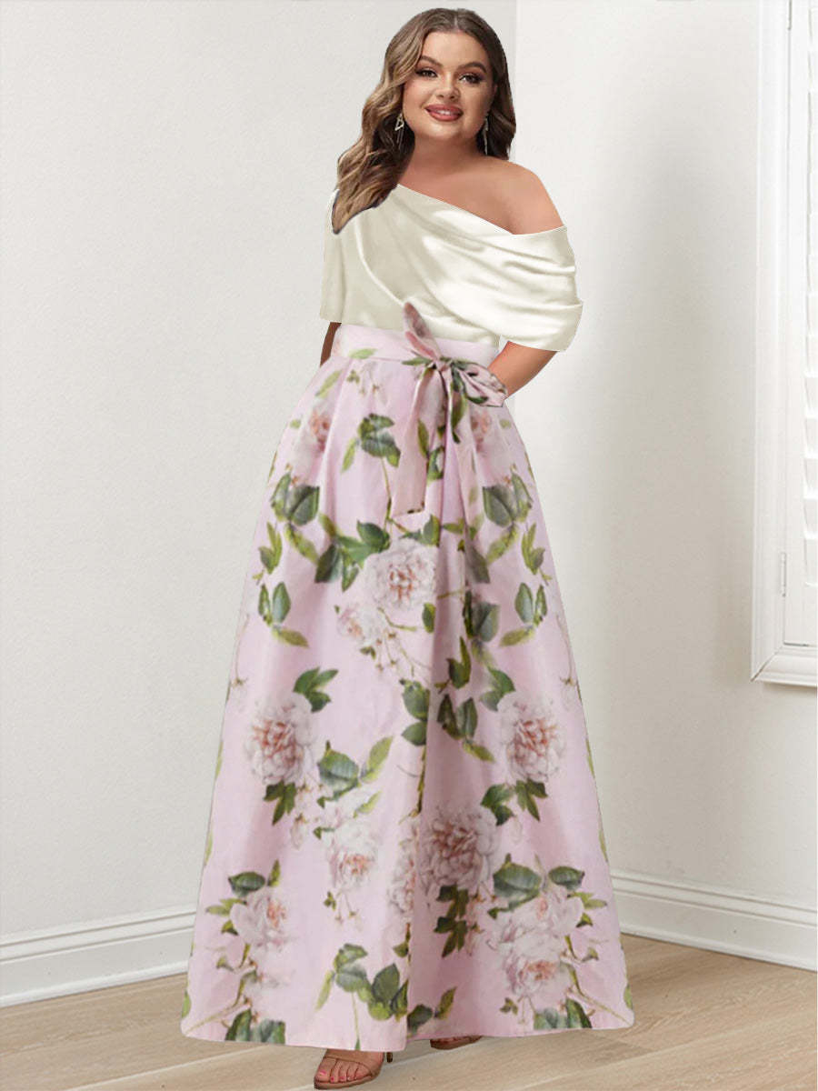 Plus Size Printed Flower Mother of the Bride A-Line/Princess Dress with One-Shoulder Bow Belt