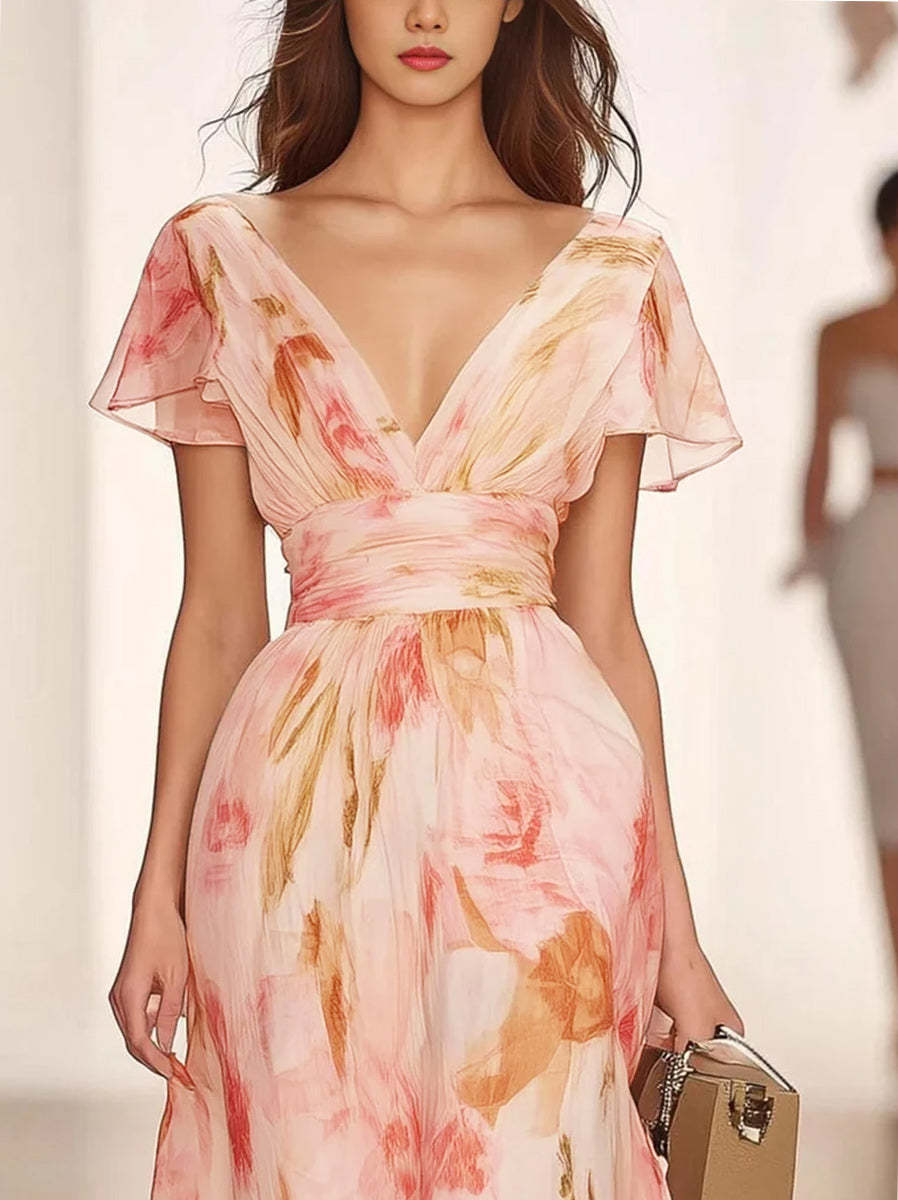 Printed Floral V-Neck A-Line Mother of the Bride Dress with Ruffles and Short Sleeves