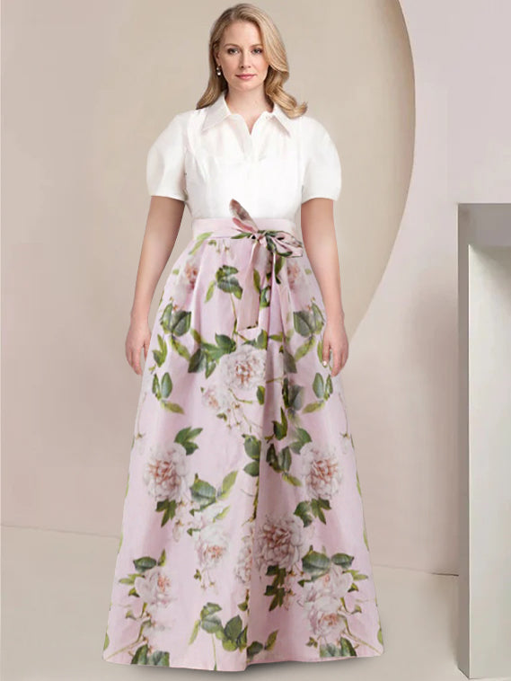 Short Sleeve Floral Printed Plus Size Mother of the Bride A-Line Dress with Bow Belt
