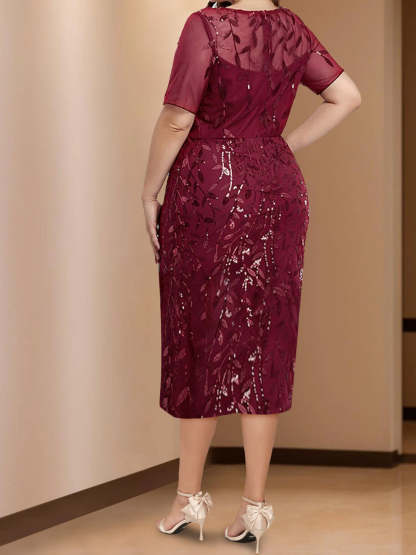 Plus Size Tea-Length Mother of the Bride Dress with Scoop Neck and Half Sleeves