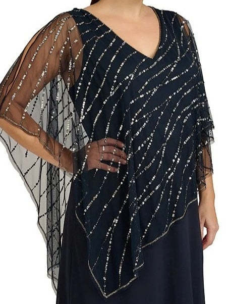 Plus Size V-Neck A-Line Princess Ankle-Length Mother of the Bride Dress with Asymmetrical Cape Popover and Half Sleeves