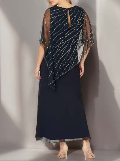 Plus Size V-Neck A-Line Princess Ankle-Length Mother of the Bride Dress with Asymmetrical Cape Popover and Half Sleeves